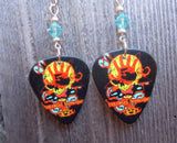Five Finger Death Punch Knucklehead Guitar Pick Earrings with Transparent Turquoise Swarovski Crystals