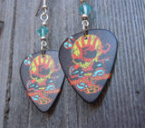 Five Finger Death Punch Knucklehead Guitar Pick Earrings with Transparent Turquoise Swarovski Crystals