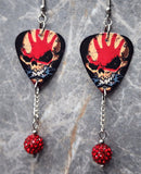 Five Finger Death Punch Guitar Pick Earrings with Red Pave Bead Dangles