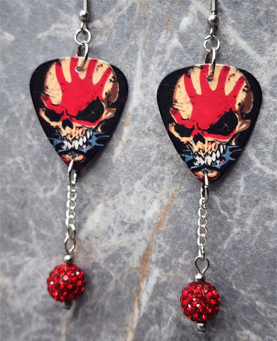 Five Finger Death Punch Guitar Pick Earrings with Red Pave Bead Dangles