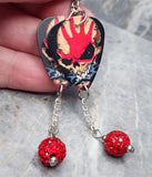 Five Finger Death Punch Guitar Pick Earrings with Red Pave Bead Dangles