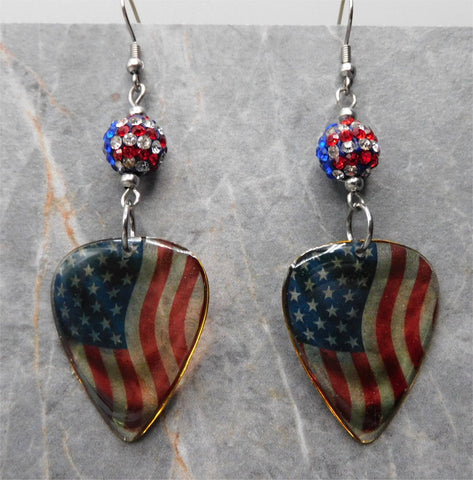 Transparent American Flag Guitar Pick Earrings with American Flag Pave Bead Dangless