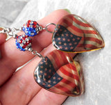 Transparent American Flag Guitar Pick Earrings with American Flag Pave Bead Dangless