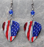 American Flag Guitar Pick Earrings with Blue Swarovski Crystals