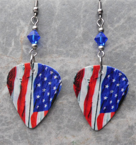 American Flag Guitar Pick Earrings with Blue Swarovski Crystals