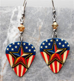 American Flag with a Large Star Guitar Pick Earrings with Golden Swarovski Crystals
