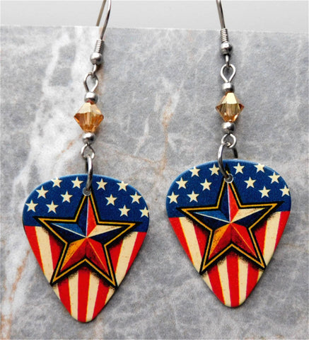 American Flag with a Large Star Guitar Pick Earrings with Golden Swarovski Crystals