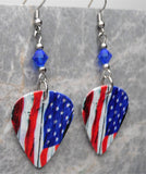 American Flag Guitar Pick Earrings with Blue Swarovski Crystals