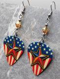 American Flag with a Large Star Guitar Pick Earrings with Golden Swarovski Crystals