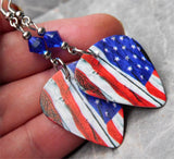 American Flag Guitar Pick Earrings with Blue Swarovski Crystals