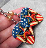 American Flag with a Large Star Guitar Pick Earrings with Golden Swarovski Crystals
