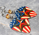 American Flag with a Large Star Guitar Pick Earrings with Golden Swarovski Crystals