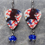 Bald Eagle and American Flag Guitar Pick Earrings with Blue Swarovski Crystal Dangles