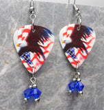Bald Eagle and American Flag Guitar Pick Earrings with Blue Swarovski Crystal Dangles