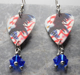 Bald Eagle and American Flag Guitar Pick Earrings with Blue Swarovski Crystal Dangles