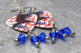 Bald Eagle and American Flag Guitar Pick Earrings with Blue Swarovski Crystal Dangles