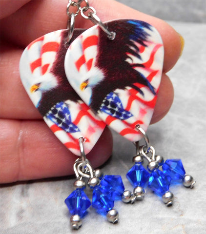Bald Eagle and American Flag Guitar Pick Earrings with Blue Swarovski Crystal Dangles