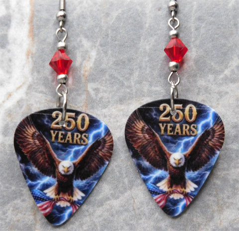 Bald Eagle with an American Flag 250 Years Guitar Pick Earrings with Red Swarovski Crystals