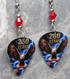 Bald Eagle with an American Flag 250 Years Guitar Pick Earrings with Red Swarovski Crystals