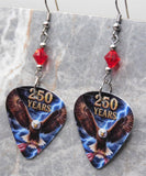 Bald Eagle with an American Flag 250 Years Guitar Pick Earrings with Red Swarovski Crystals