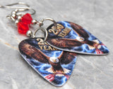 Bald Eagle with an American Flag 250 Years Guitar Pick Earrings with Red Swarovski Crystals