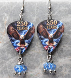 Bald Eagle with an American Flag 250 Years Guitar Pick Earrings with Blue Swarovski Crystal Dangles