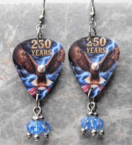 Bald Eagle with an American Flag 250 Years Guitar Pick Earrings with Blue Swarovski Crystal Dangles