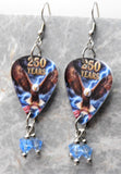 Bald Eagle with an American Flag 250 Years Guitar Pick Earrings with Blue Swarovski Crystal Dangles
