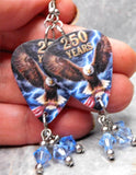 Bald Eagle with an American Flag 250 Years Guitar Pick Earrings with Blue Swarovski Crystal Dangles