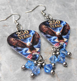 Bald Eagle with an American Flag 250 Years Guitar Pick Earrings with Blue Swarovski Crystal Dangles