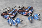 Bald Eagle with an American Flag 250 Years Guitar Pick Earrings with Blue Swarovski Crystal Dangles