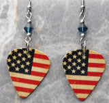 Distressed Aged American Flag Guitar Pick Earrings with Blue Swarovski Crystals
