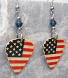 Distressed Aged American Flag Guitar Pick Earrings with Blue Swarovski Crystals
