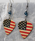 Distressed Aged American Flag Guitar Pick Earrings with Blue Swarovski Crystals
