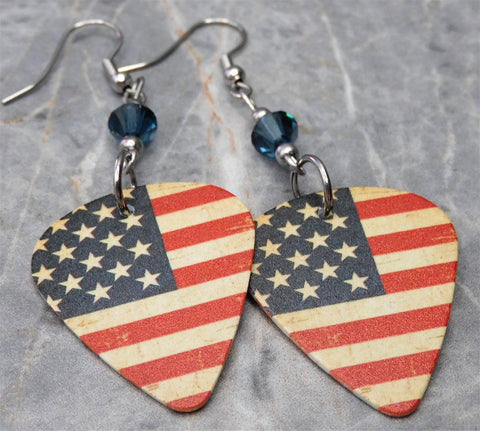 Distressed Aged American Flag Guitar Pick Earrings with Blue Swarovski Crystals