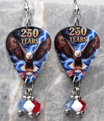 Bald Eagle with an American Flag 250 Years Guitar Pick Earrings with Swarovski Crystal Dangles