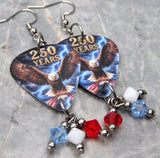 Bald Eagle with an American Flag 250 Years Guitar Pick Earrings with Swarovski Crystal Dangles