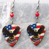 Bald Eagle in Front of an American Flag Guitar Pick Earrings with Red Swarovski Crystals