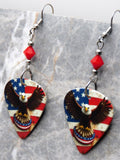 Bald Eagle in Front of an American Flag Guitar Pick Earrings with Red Swarovski Crystals