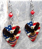 Bald Eagle in Front of an American Flag Guitar Pick Earrings with Red Swarovski Crystals