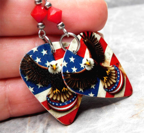 Bald Eagle in Front of an American Flag Guitar Pick Earrings with Red Swarovski Crystals