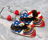 Bald Eagle in Front of an American Flag Guitar Pick Earrings with Red Swarovski Crystals