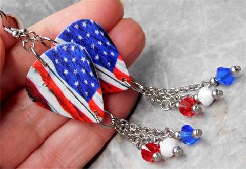 American Flag Guitar Pick Earrings with Swarovski Crystal Dangles