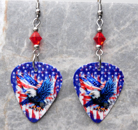 Bald Eagle with an American Flag Guitar Pick Earrings with Red Swarovski Crystals