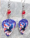 Bald Eagle with an American Flag Guitar Pick Earrings with Red Swarovski Crystals