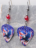 Bald Eagle with an American Flag Guitar Pick Earrings with Red Swarovski Crystals