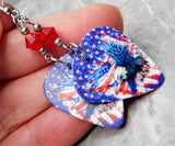 Bald Eagle with an American Flag Guitar Pick Earrings with Red Swarovski Crystals