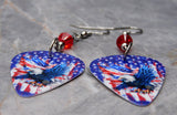 Bald Eagle with an American Flag Guitar Pick Earrings with Red Swarovski Crystals