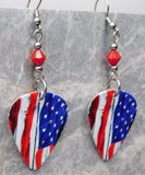 American Flag Guitar Pick Earrings with Red Swarovski Crystals