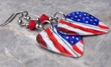 American Flag Guitar Pick Earrings with Red Swarovski Crystals